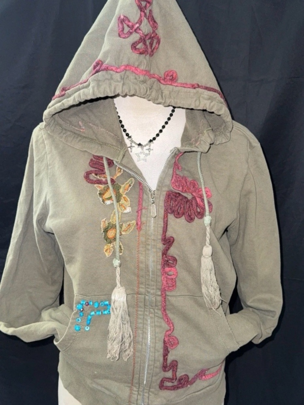 Wet Seal Olive Green Hoodie with Pink Trim & Embroidery